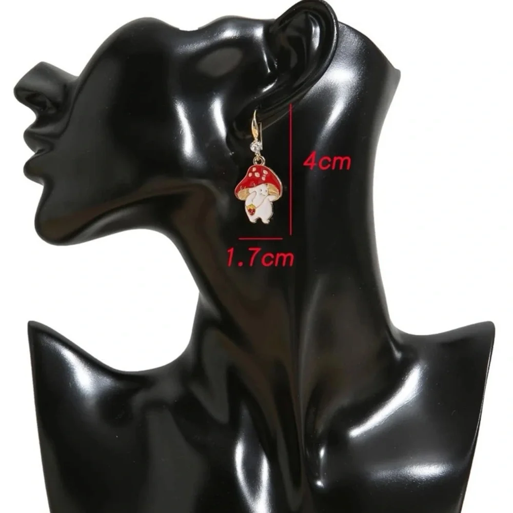 Cute Mushroom Man Strawberry Dangle Earrings | Red Enamel Whimsical